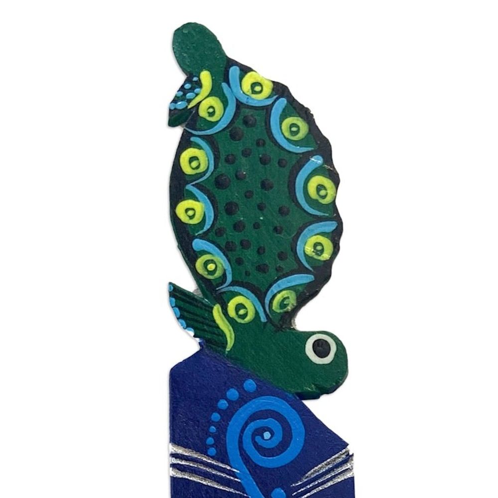 Hand Painted Green Turtle on Copal Wood Bookmark from Mexico 'Reading Turtle'