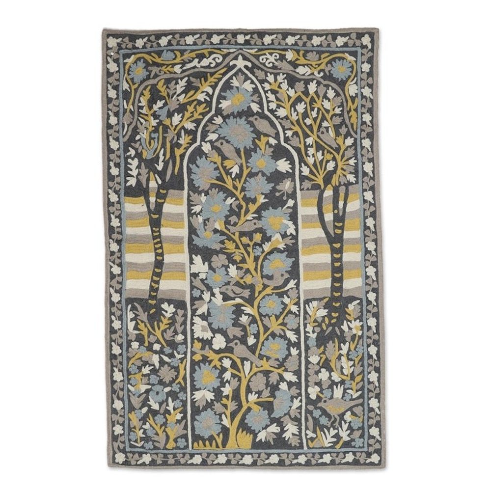 Chain-Stitched Wool and Cotton Tree Motif Rug 'Winged Paradise'