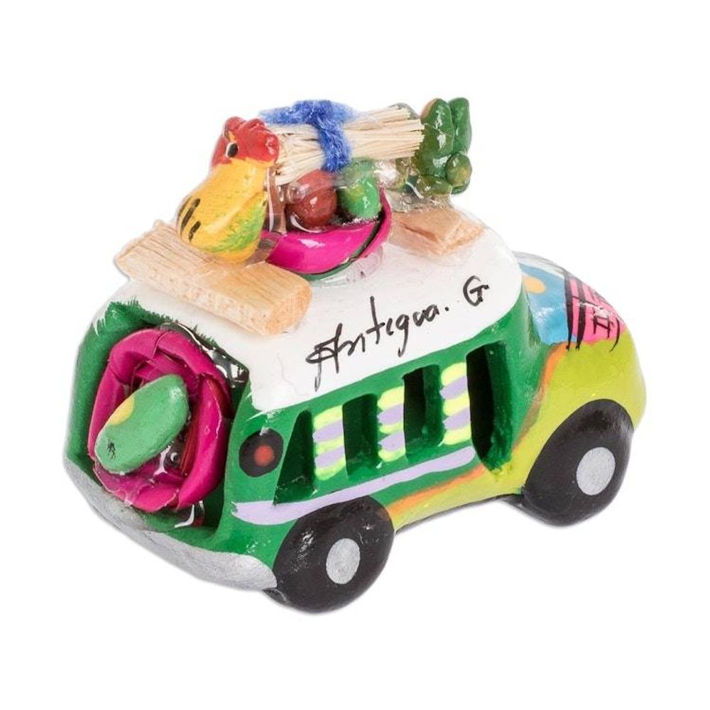 Min Ceramic Bus Figurine in Greens from Guatemala 'Two Tone Green Old Time Bus'