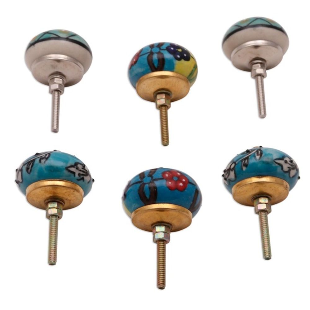 Vibrant Floral Ceramic Knobs from India Set of 6 'Charming Globes'
